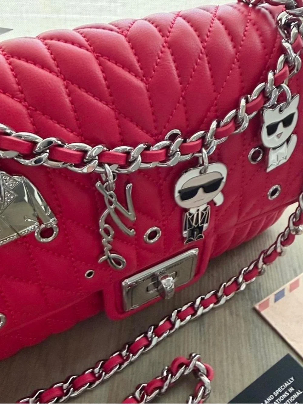 Karl Lagerfeld Quilted Red Chain Crossbody with Charm Accents